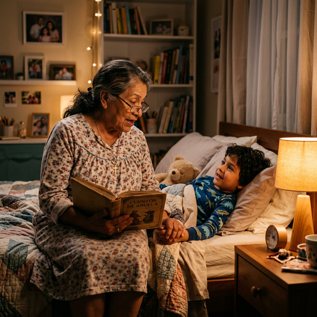Grandmother reading a storybook titled 'Cuentos de Abuela' to a child lying in bed.
