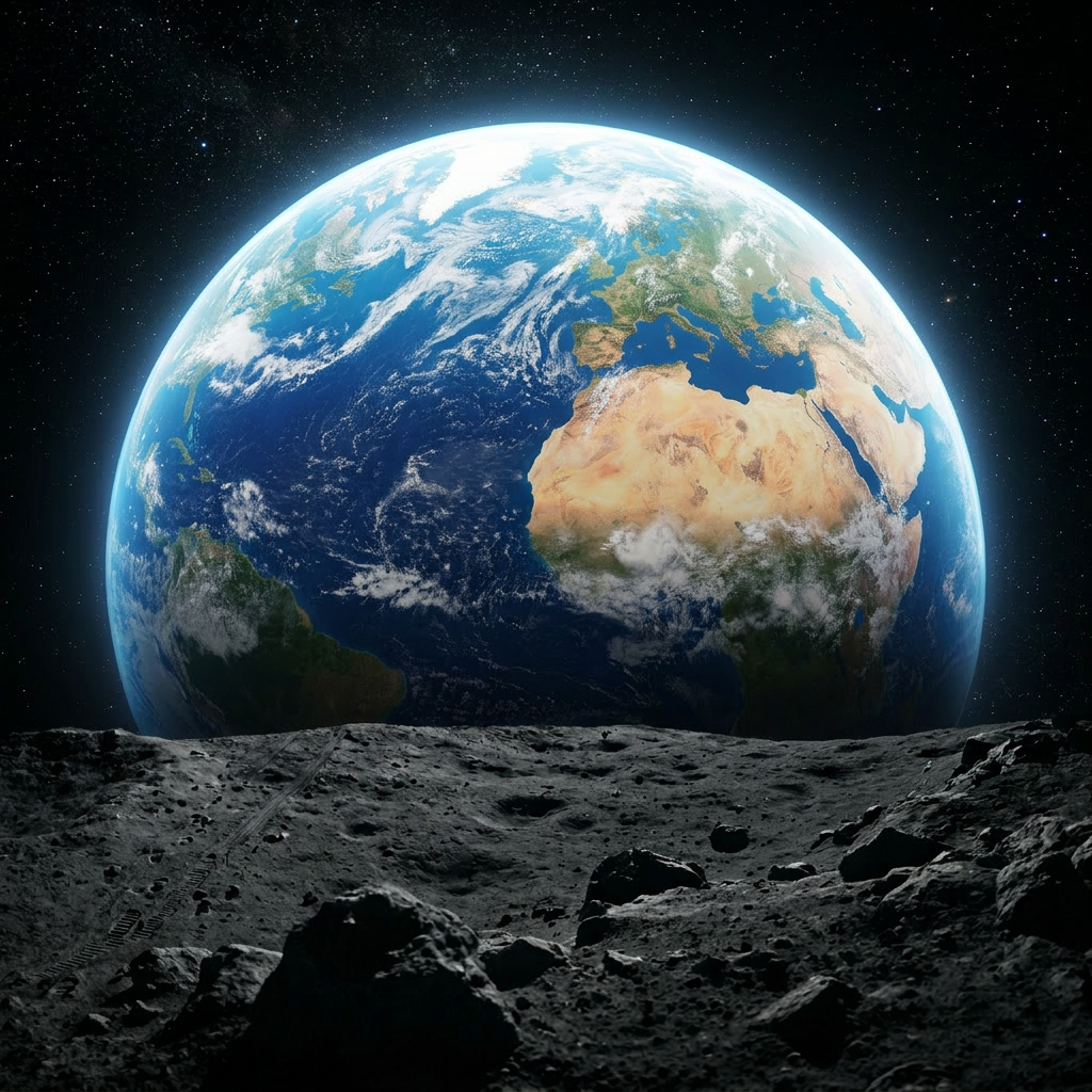 View of Earth rising over the Moon's rocky surface with the Milky Way galaxy in the background