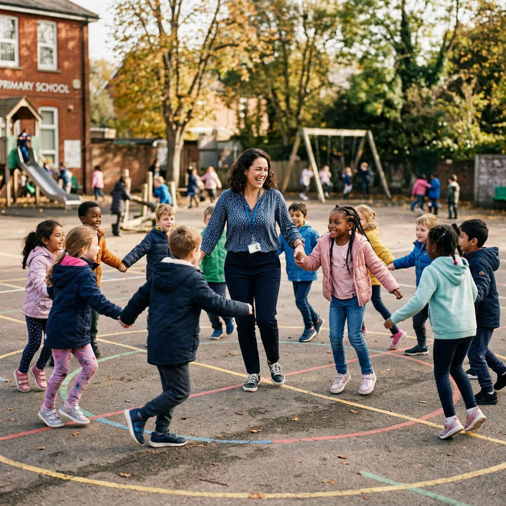 Teacher and diverse group of children holding hands in a circle on a school playground