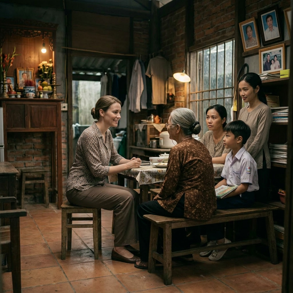 Four family members sitting around a small table inside a rustic brick-walled room.