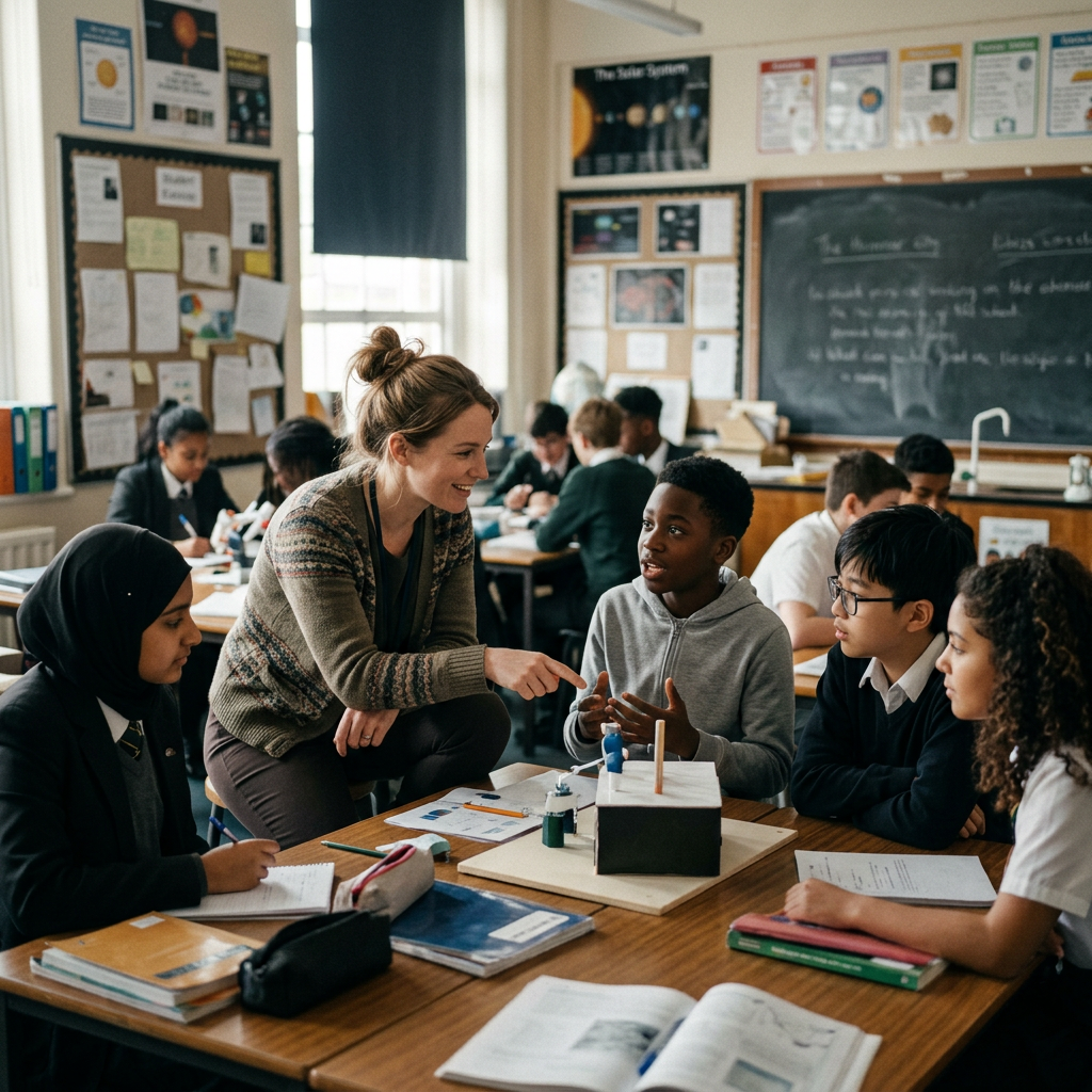 Teacher and diverse students discussing a science project model in classroom