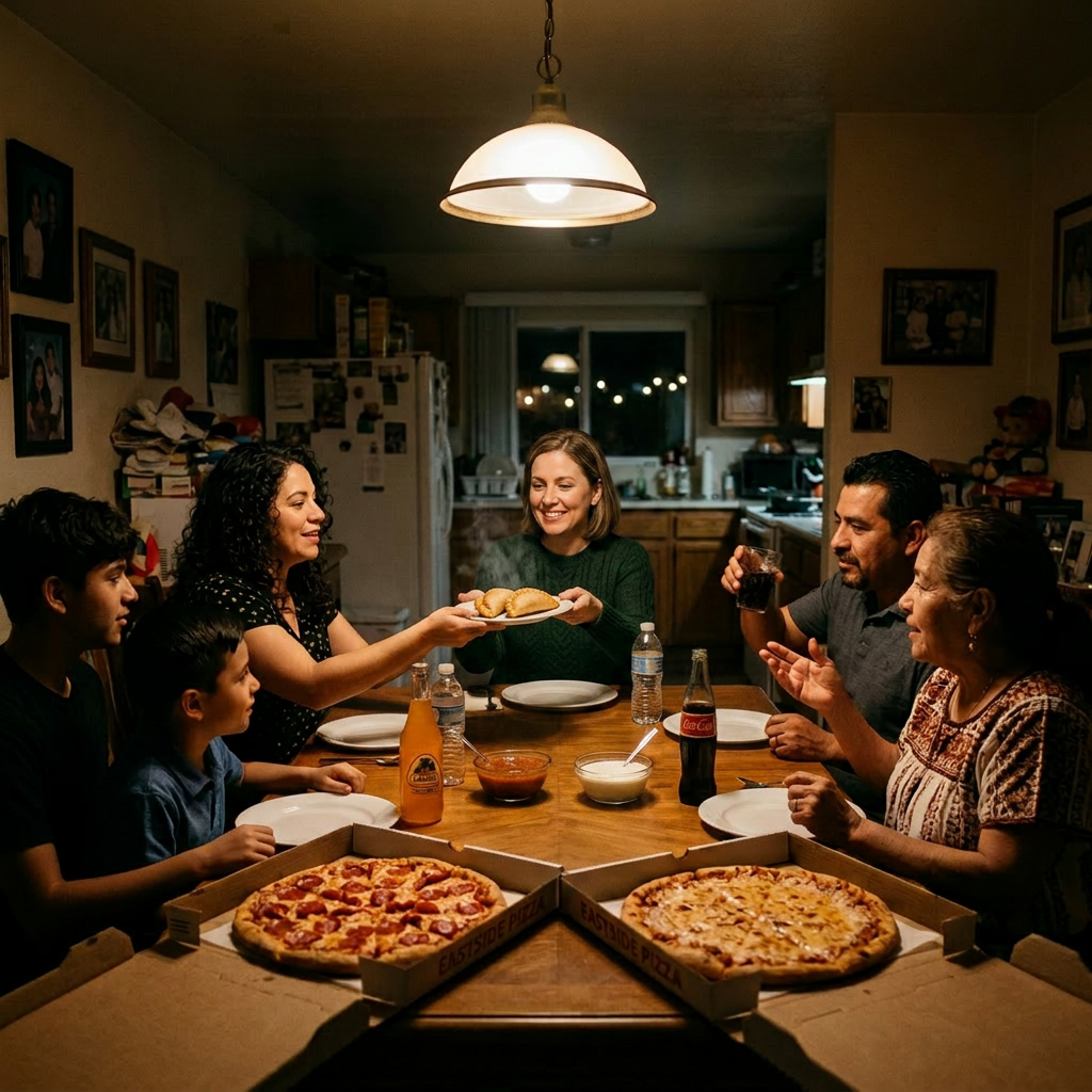 Family gathered around a table eating pizza and tamales with soda bottles
