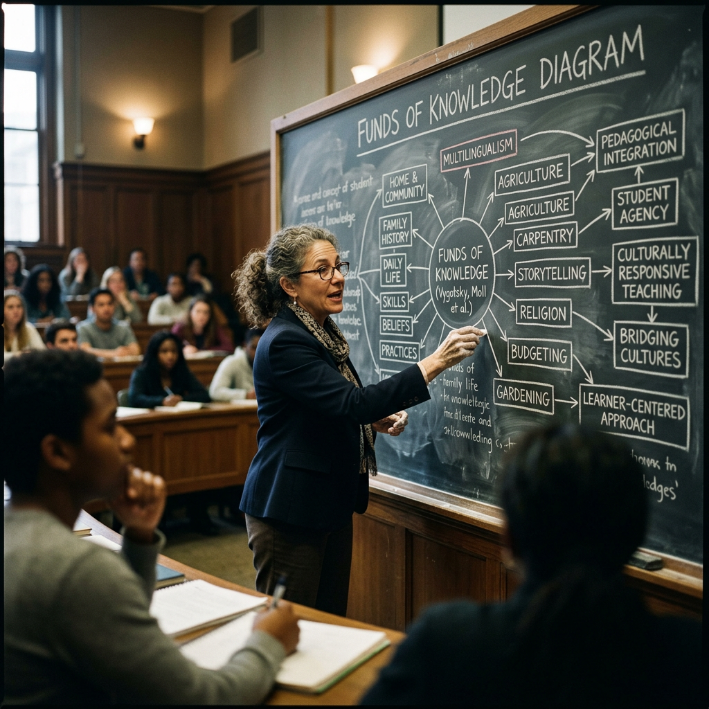 Professor pointing at Funds of Knowledge diagram on a chalkboard in a classroom full of students.