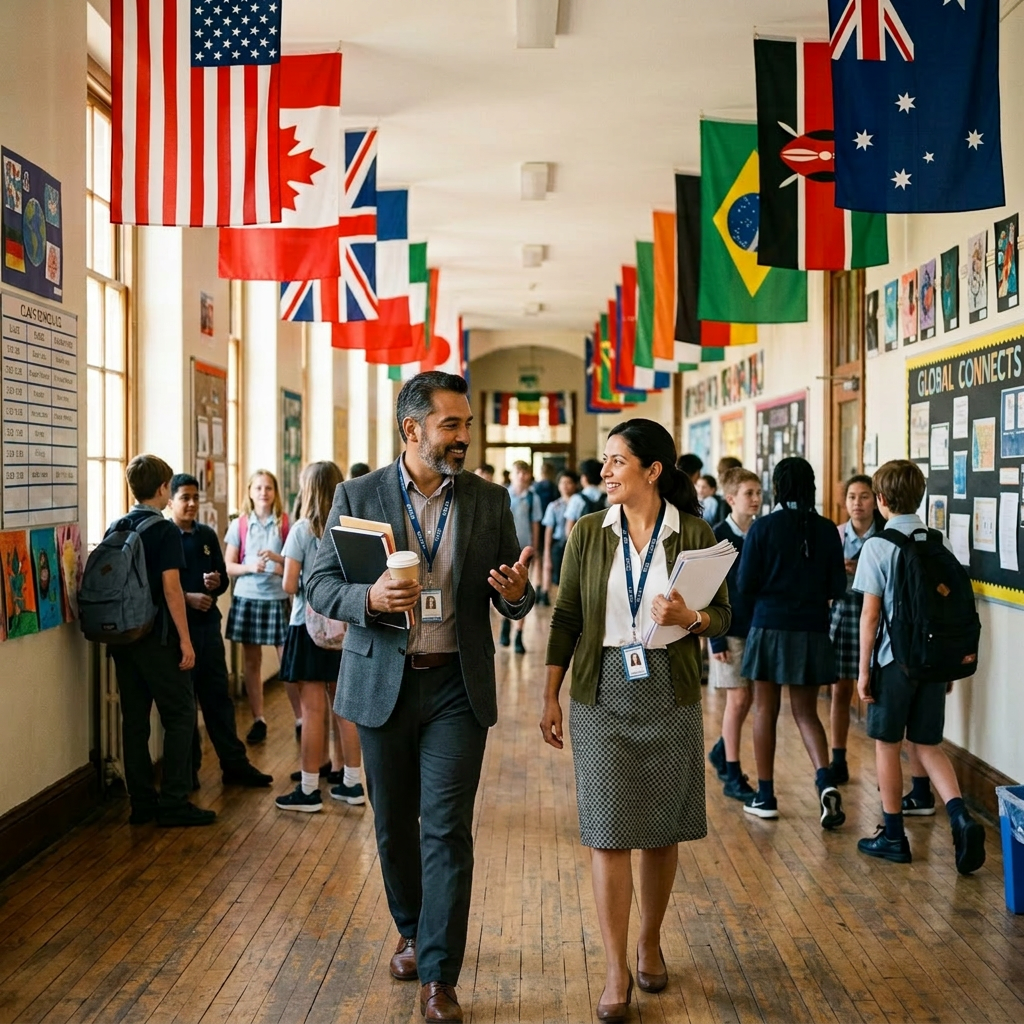 Two teachers walking and talking in a school hallway with students and international flags overhead