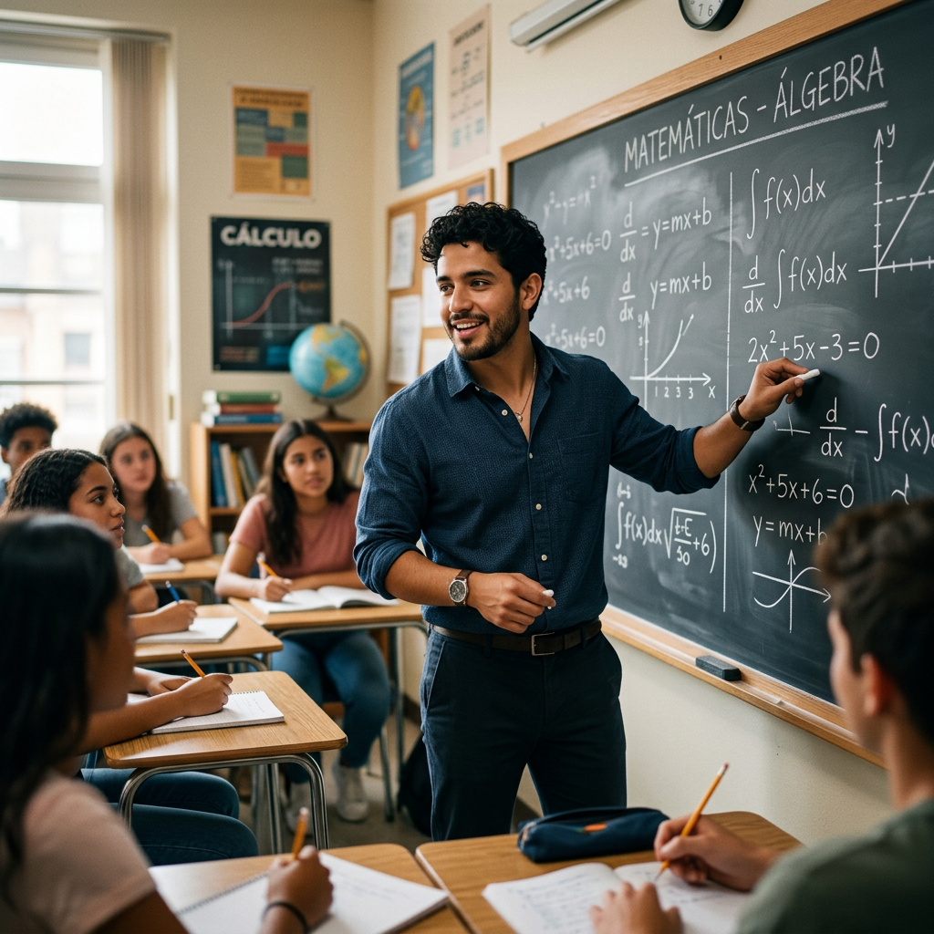Teacher explaining algebra equations on chalkboard to students taking notes