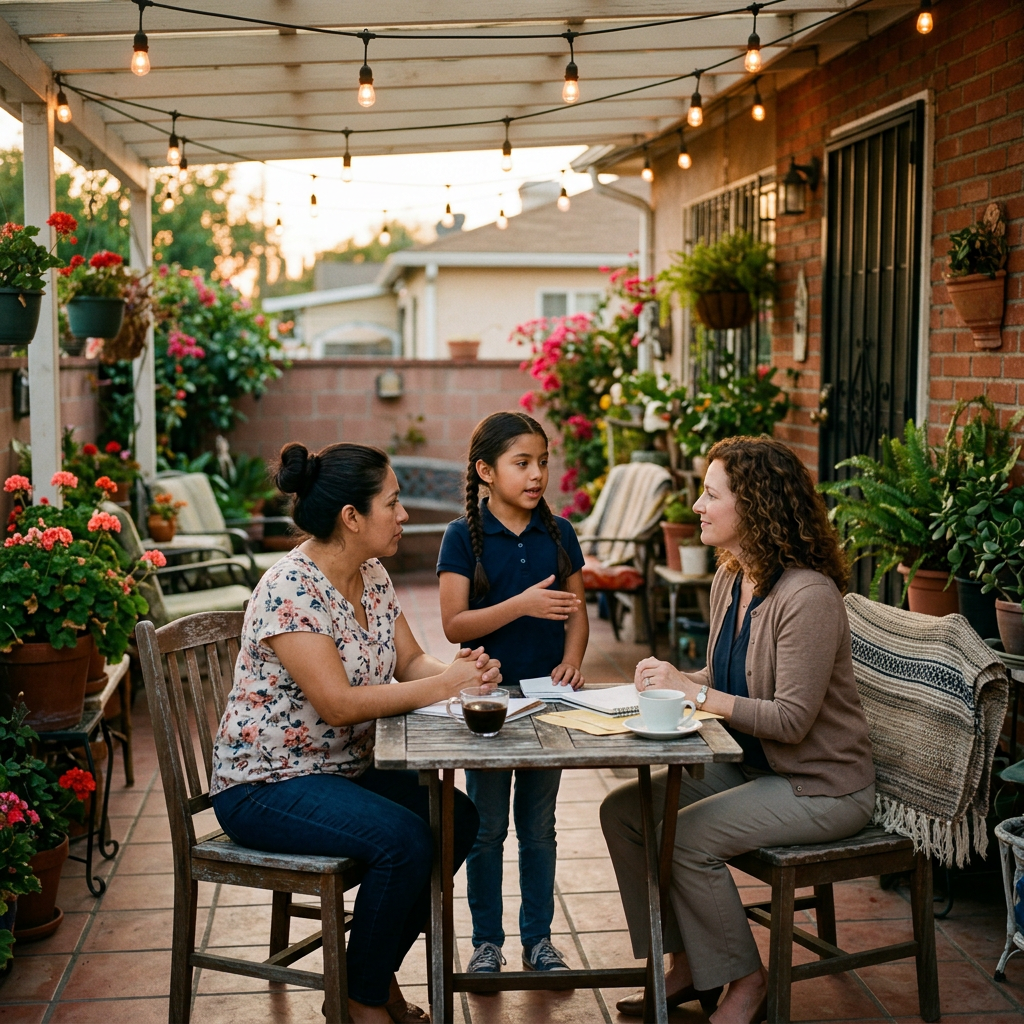 Mother, daughter, and teacher sitting around wooden table with notebooks on backyard patio