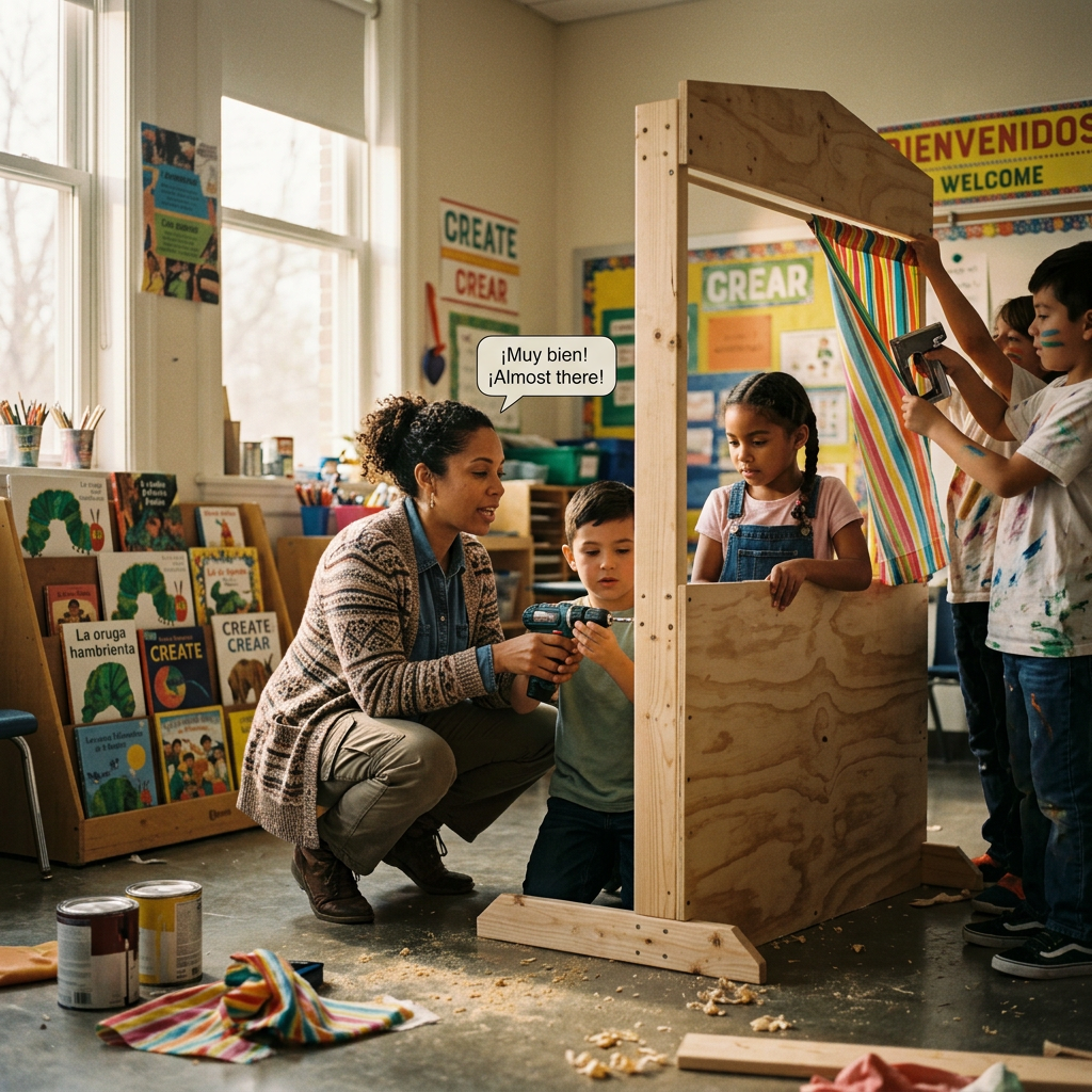 Teacher helping children use a drill to build a wooden puppet theater with kids holding colorful striped curtains