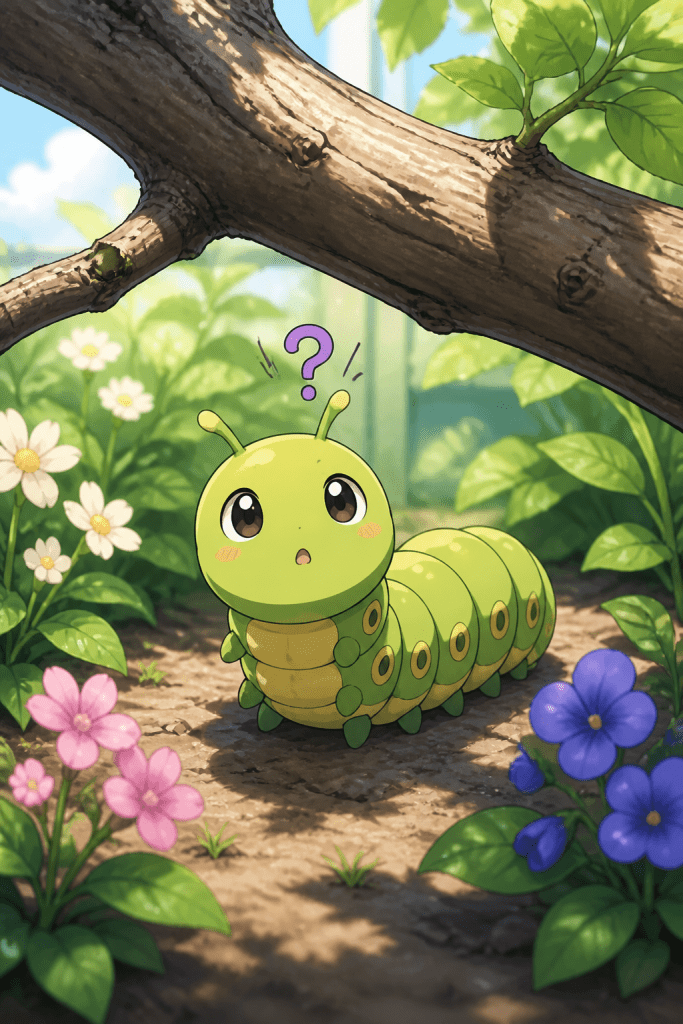 Green caterpillar with antennae and big eyes looking up with a purple question mark above its head under a tree branch surrounded by flowers