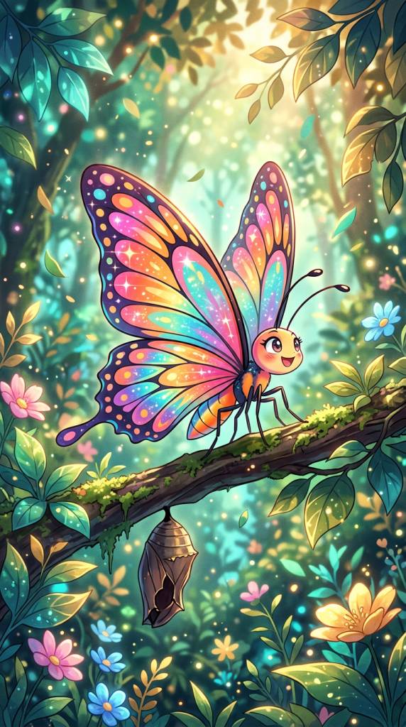 Colorful cartoon butterfly perched on a moss-covered branch in a flower-filled forest