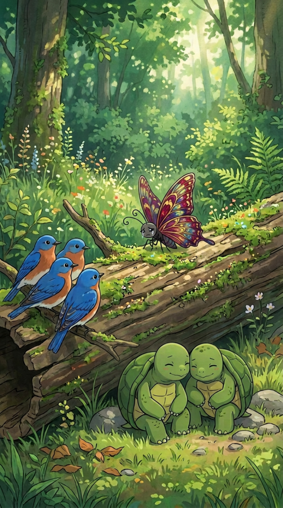 Bluebirds, monarch butterfly, and two turtles in a forest clearing