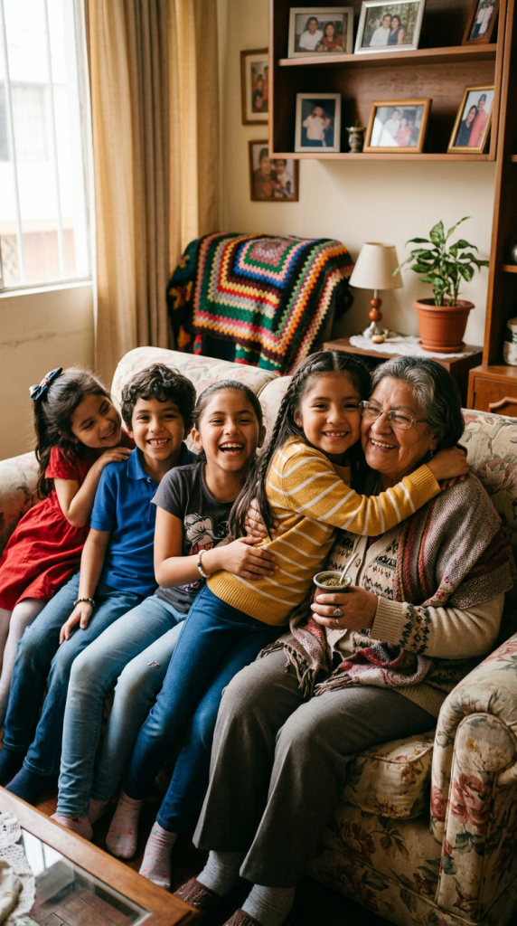 Four children hugging their smiling grandmother on a living room sofa