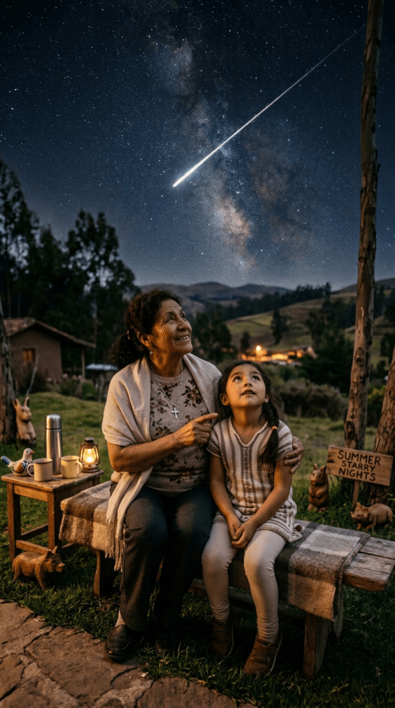 Grandmother and child watching a meteor beneath the Milky Way
